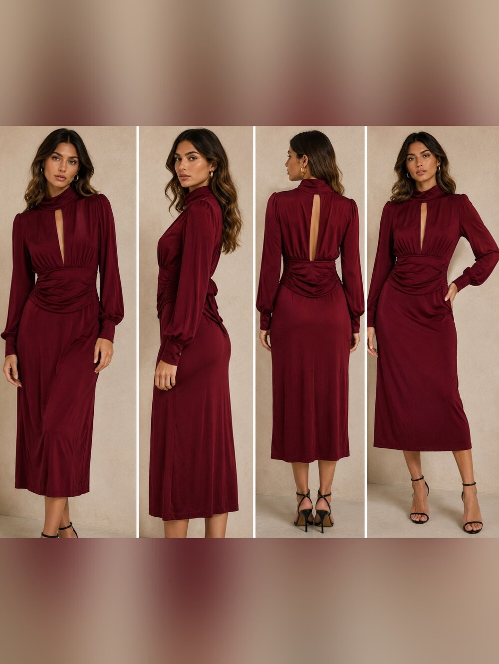 ASOS Burgundy Long Sleeve Midi Dress with Back Slit